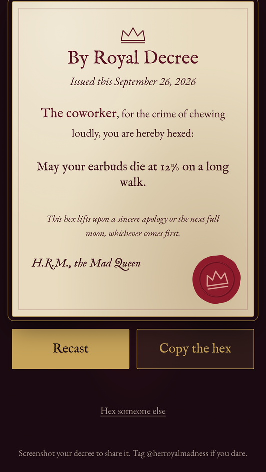 The Petty Hex Generator – Funny Digital Curse Maker | Royal Decree Gag Gift