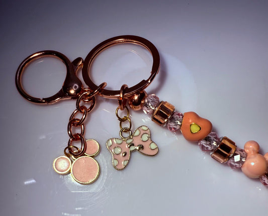 Rose Gold Pink Mickey & Minnie Beaded Keychain Pastel Disney-Inspired Charm with Crystal Beads, Minnie Bow Heart Beads