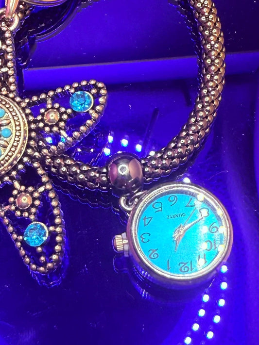 Blue Jeweled Starfish Bag Charm with Mini Watch Coastal Ocean Purse Accessory & Nautical Gift