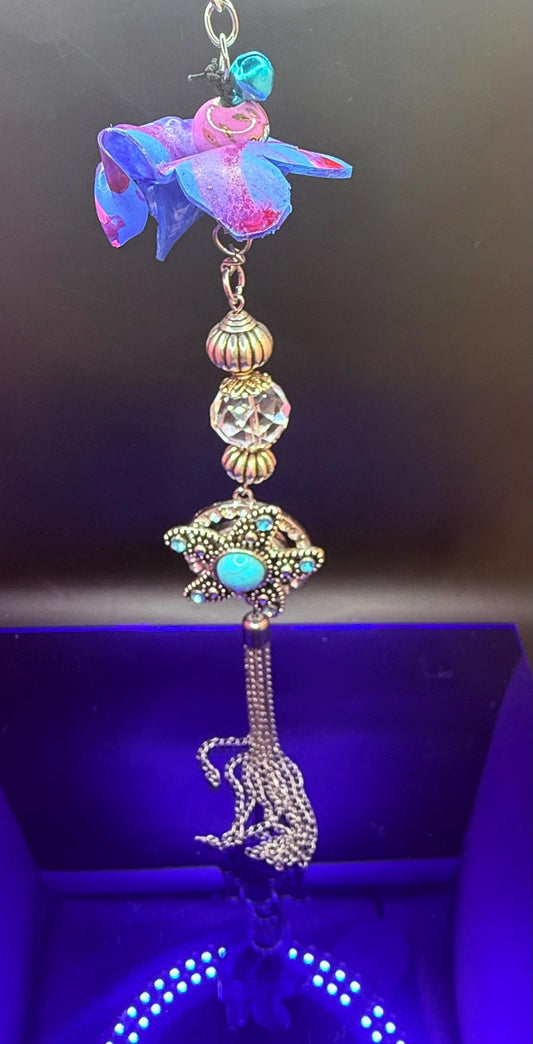 Sea Glass Keychain: Ocean Flower Bag Charm with Jeweled Starfish & Tassel