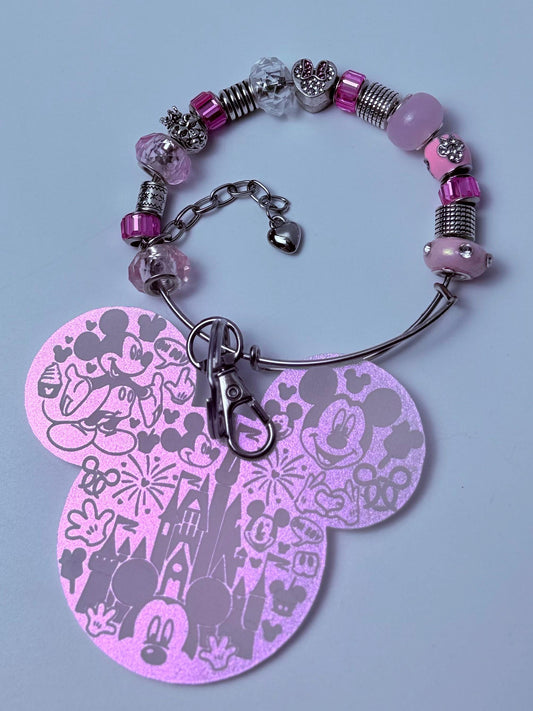 Disney Inspired Pink Beaded Bag Charm Handmade Charm Keychain with Mickey & Minnie Charms, Glass Beads, Cute Disney Accessories