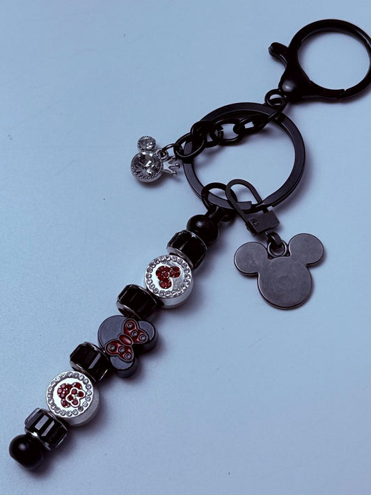 Black Crystal Mickey Bag Charm Keychain | Minnie Bow Purse Charm | Disney Inspired Accessory | Handmade Sparkly Beaded Key Ring