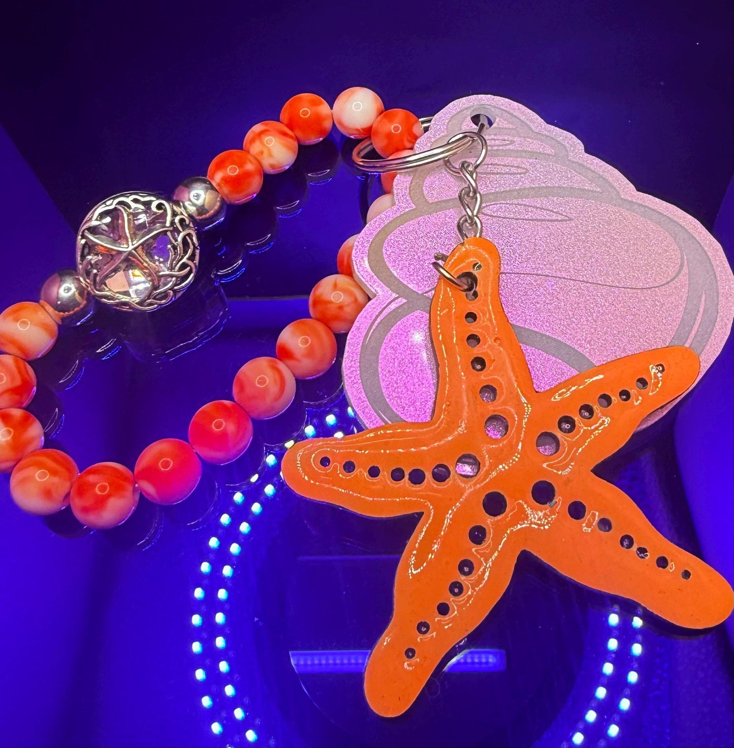 Starfish Seashell Bag Charm: Ocean Coral Beaded Keychain