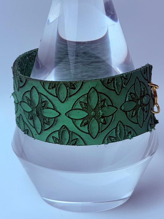 Green Embossed Leather Cuff Bracelet: Handmade Boho Gothic Jewelry