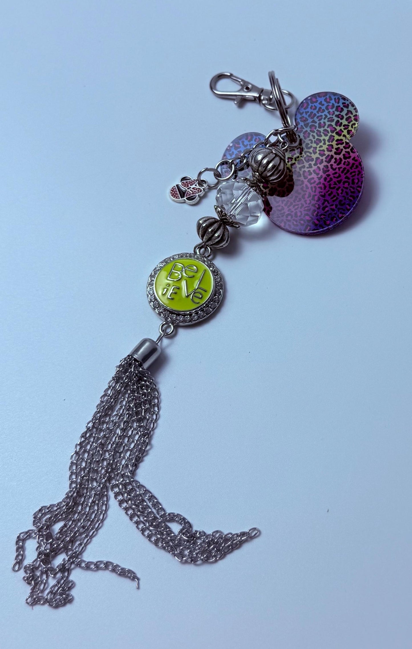 Rainbow Leopard Mickey Keychain: Disney-Inspired Bag Charm with Minnie Bow