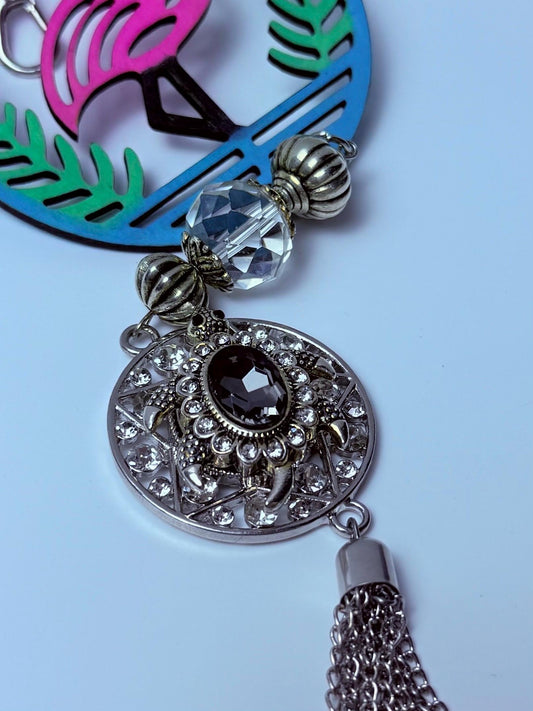 Pink Flamingo Bag Charm: Crystal Bead, Rhinestone Pendant & Tassel