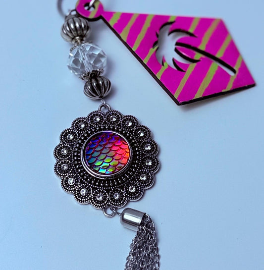 Pink Palm Tree Bag Charm: Mermaid Scale Medallion - Tropical Keychain