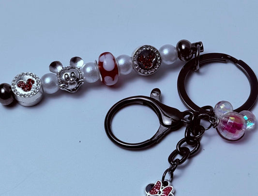 Mickey Mouse Bag Charm: Red, Black, Pearl Beaded Keychain