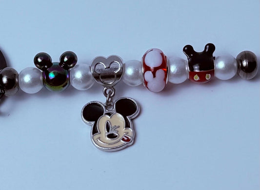 Handmade Mickey Mouse Bag Charm Beaded Disney Keychain, Pearl Glass Beads, Winking Mickey Pendant, Red & Black Disney Bag Accessory Gift