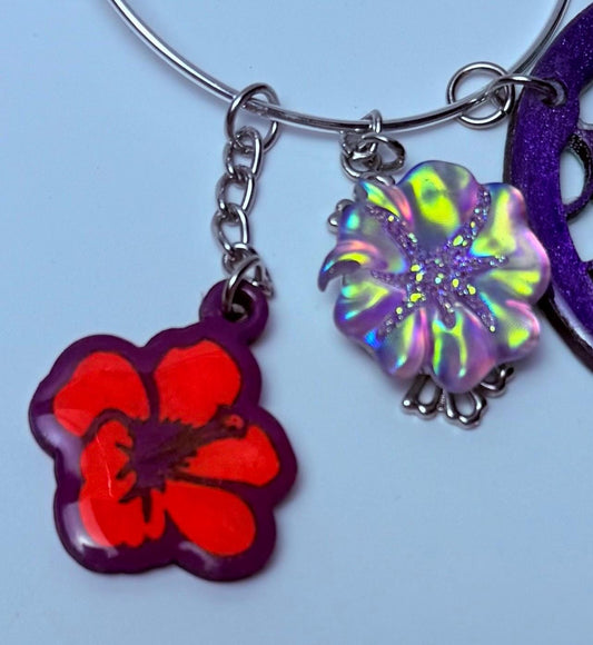 Purple Hibiscus Bag Charm Keychain: Mermaid Scale Acrylic Purse Accessory