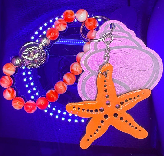 Starfish Seashell Bag Charm: Ocean Coral Beaded Keychain