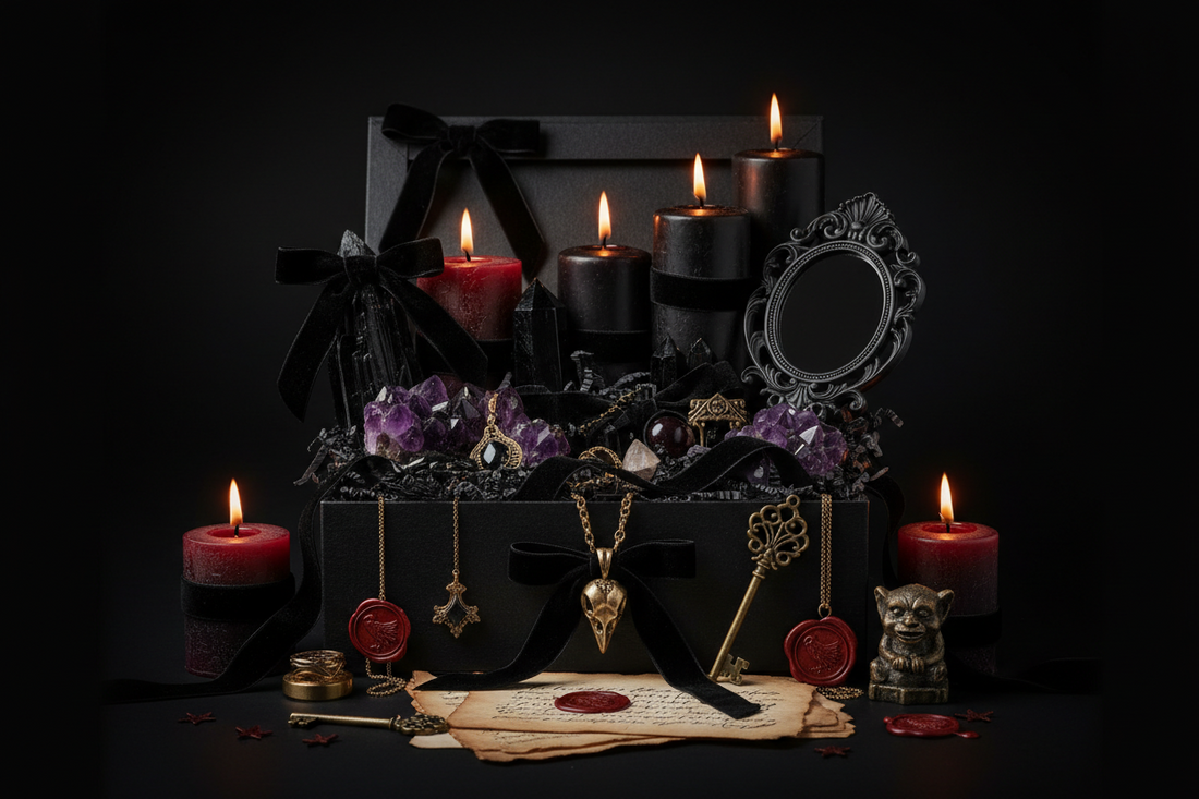 A beautifully curated mystery box filled with dark aesthetic items including candles, crystals, ribbons, wax seals, vintage paper, jewelry, and gothic decor on a moody black background.