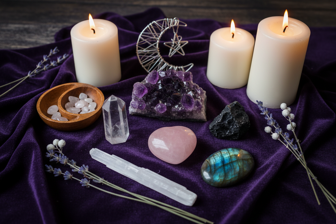 A beginner crystal collection featuring amethyst, rose quartz, clear quartz, black tourmaline, selenite, and labradorite arranged on a dark velvet cloth with candles and moon decor.