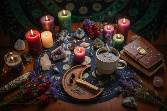 A cozy witchy self-care setup with candles, crystals, herbal tea, journals, moon decor, incense, dried flowers, and soft lighting on a dark wooden table.