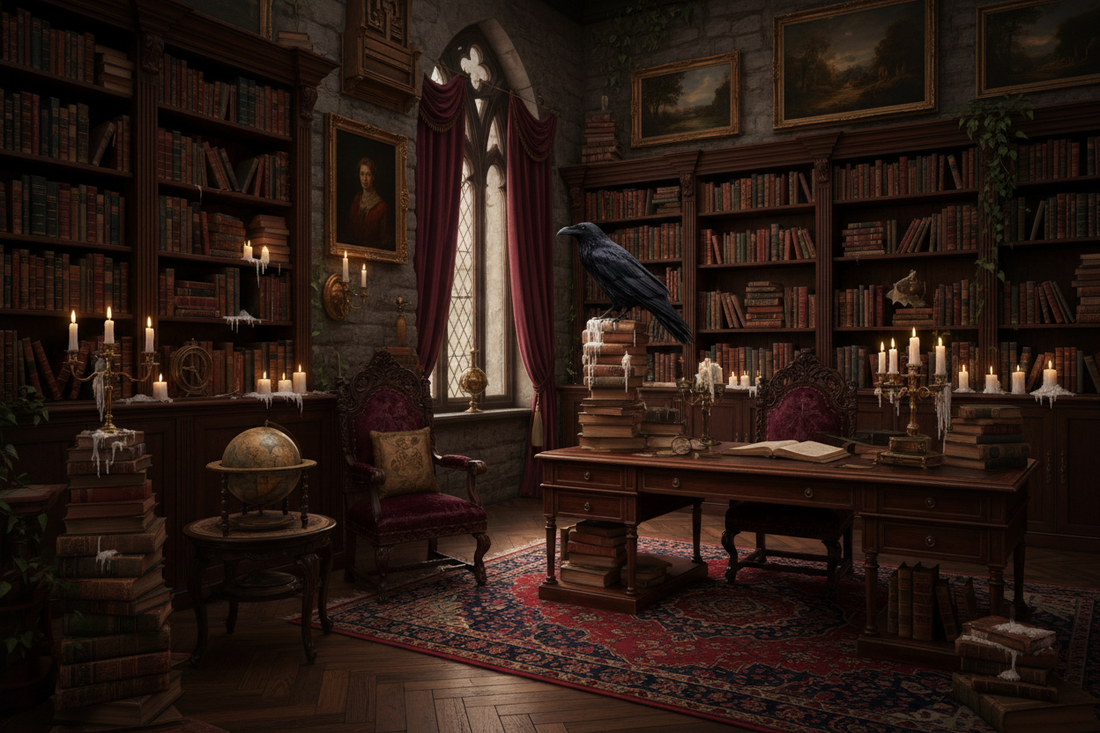 A dark academia styled room with antique books, candles, dark wood furniture, vintage paintings, brass decor, ravens, moody lighting, and gothic architectural details.