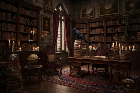 A dark academia styled room with antique books, candles, dark wood furniture, vintage paintings, brass decor, ravens, moody lighting, and gothic architectural details.