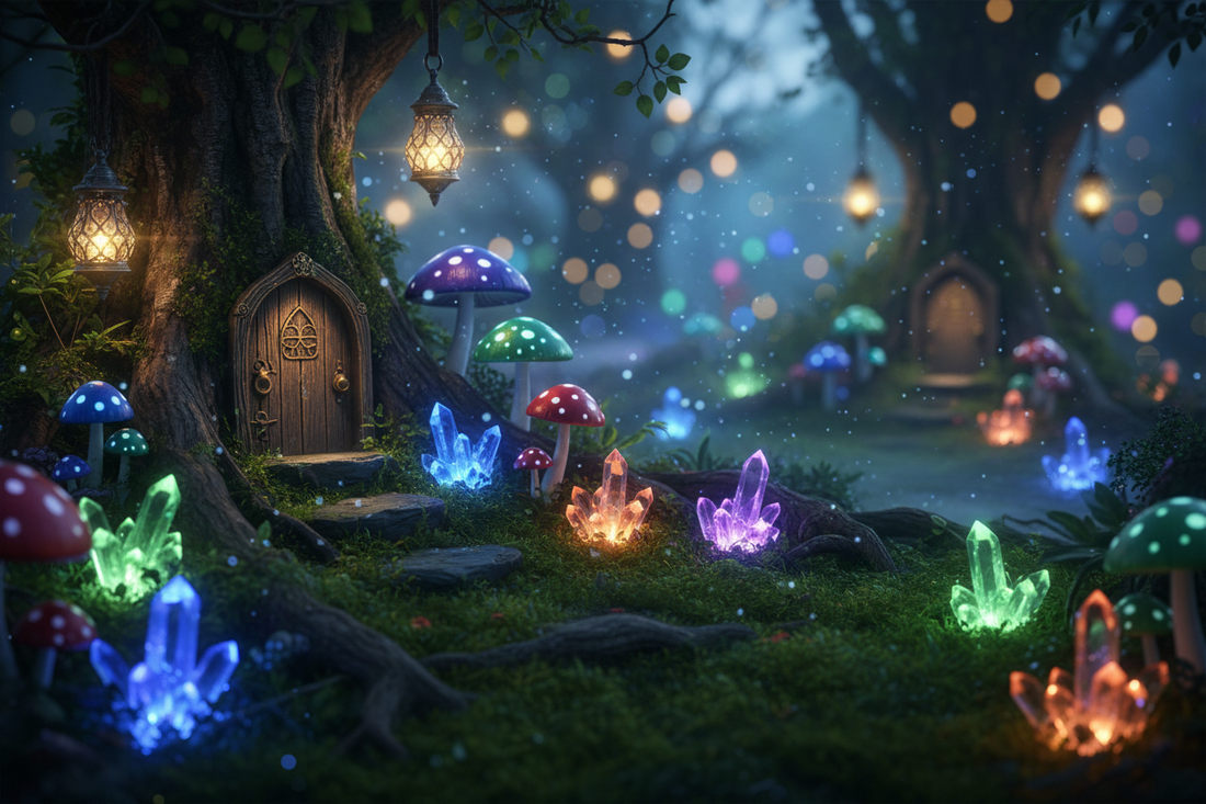 A glowing fairy garden with moss, miniature doors, crystals, mushrooms, and magical lanterns.