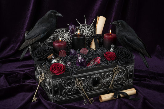 A luxurious gothic mystery box filled with black paper shreds, crystals, candles, wax seals, antique-style keys, ravens, roses, and spooky accessories on a dark velvet background.