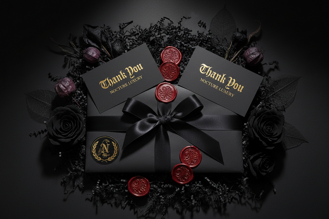 A luxury small business package featuring black tissue paper, satin ribbon, wax seals, shredded filler, thank-you cards, dark florals, and premium gothic branding details on a matte black background.