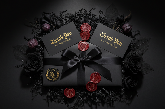 A luxury small business package featuring black tissue paper, satin ribbon, wax seals, shredded filler, thank-you cards, dark florals, and premium gothic branding details on a matte black background.