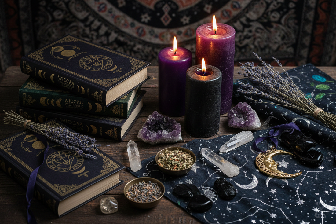 Books about Wicca and witchcraft beside candles, crystals, herbs, and moon-themed spiritual decor.
