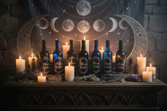 Dark glass bottles of labeled moon water sitting on a gothic altar with moon phase decor and glowing candles.