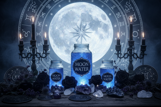 Glass jars of glowing moon water under a full moon surrounded by crystals, candles, dark florals, and gothic celestial decor.