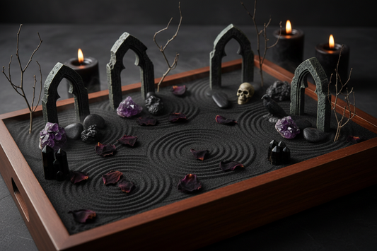 DIY gothic mini zen garden with black sand, crystals, candles, ravens, and spooky aesthetic decor from Her Royal Madness.