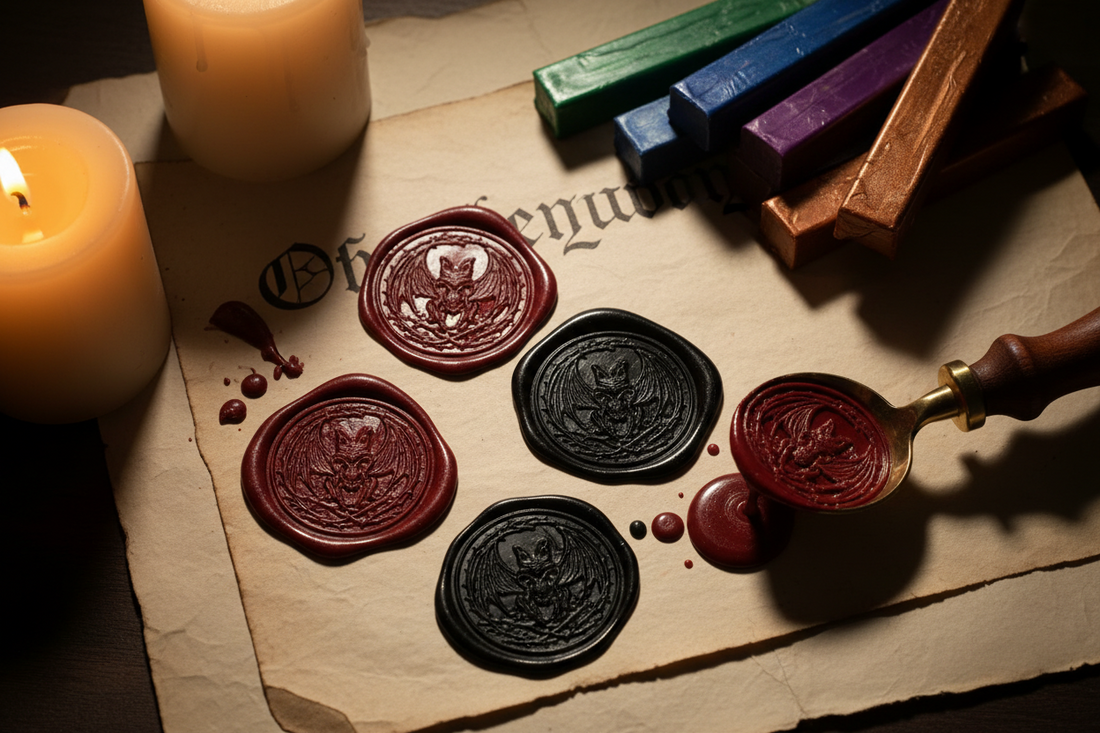 Homemade gothic wax seals beside vintage paper and sealing wax sticks