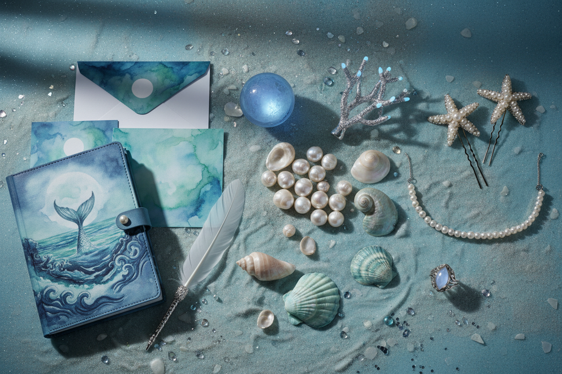 Dark mermaidcore aesthetic with pearls, shells, moonlit ocean decor, gothic siren stationery, and fantasy ocean-inspired accessories