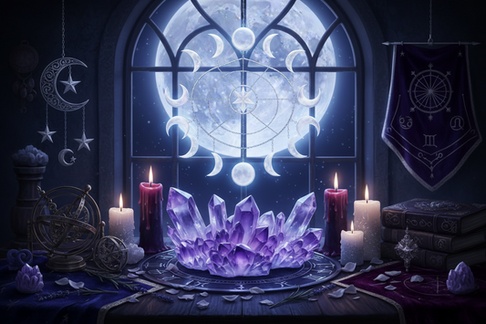 Moon phase chart glowing above crystals, candles, and celestial gothic decor during a full moon night.
