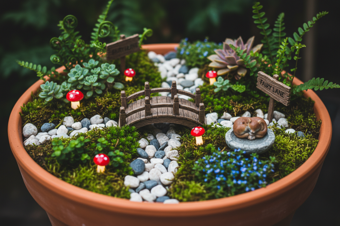 Budget-friendly fairy garden with moss, fairy lights, miniature accessories, mushrooms, and woodland fairycore decor from Her Royal Madness.