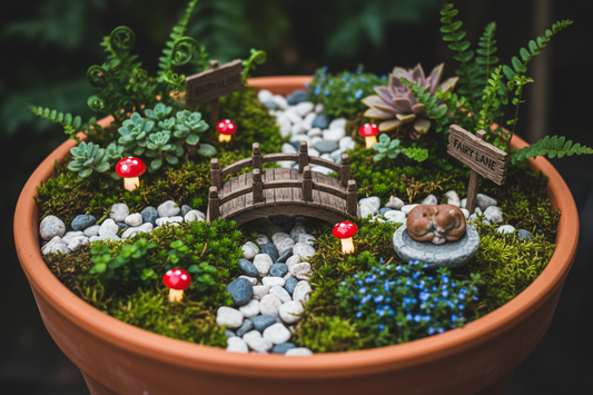 Budget-friendly fairy garden with moss, fairy lights, miniature accessories, mushrooms, and woodland fairycore decor from Her Royal Madness.