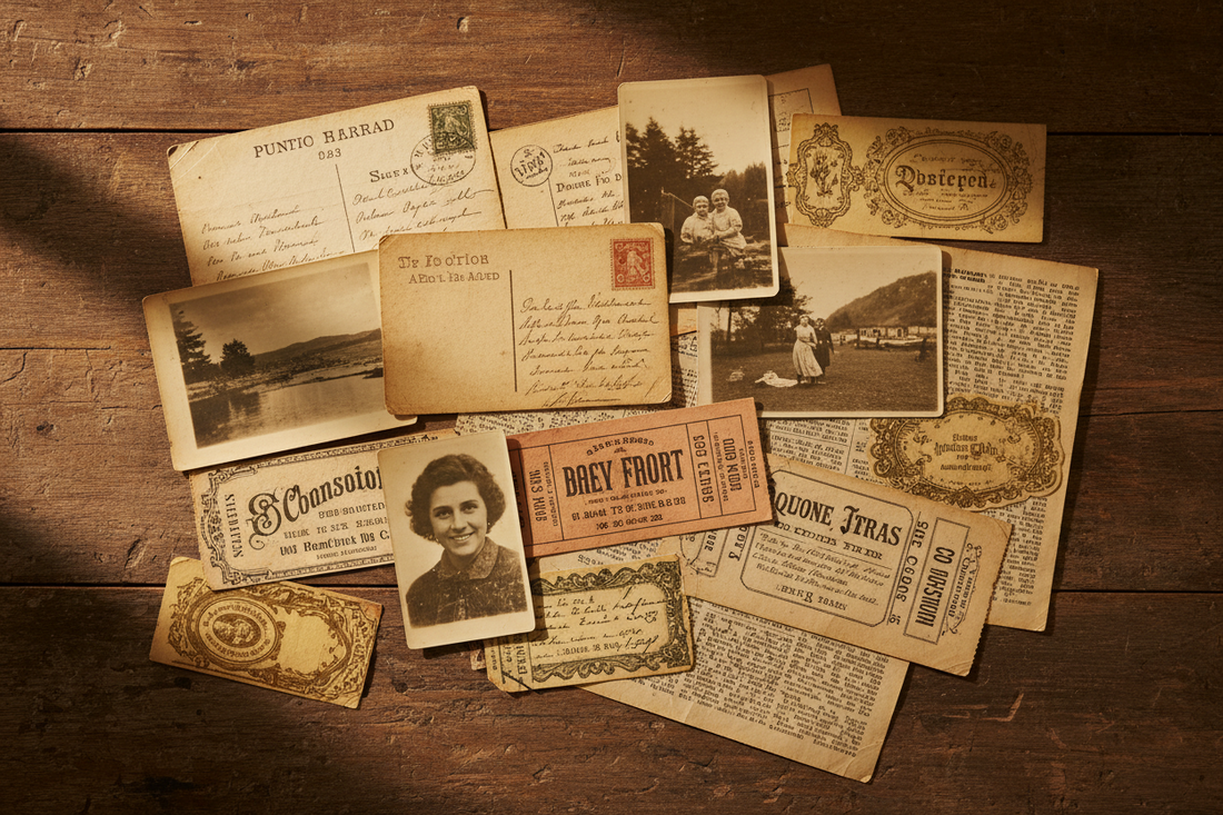 Vintage ephemera and memorabilia collection with postcards, photographs, tickets, labels, and antique paper items
