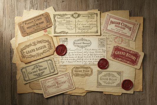 Vintage ephemera collection with tickets, postcards, labels, wax seals, and antique paper scraps for junk journaling