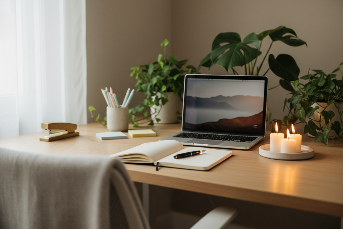 Cozy self-care workspace with candles, journals, tea, mini zen garden, and calming decor for stress relief and burnout recovery.