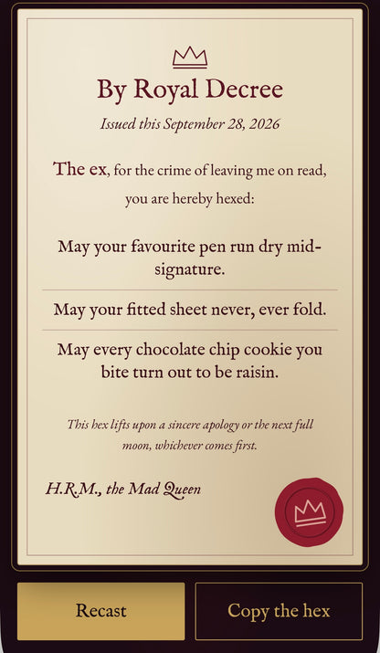 The Petty Hex Generator – Funny Digital Curse Maker | Royal Decree Gag Gift