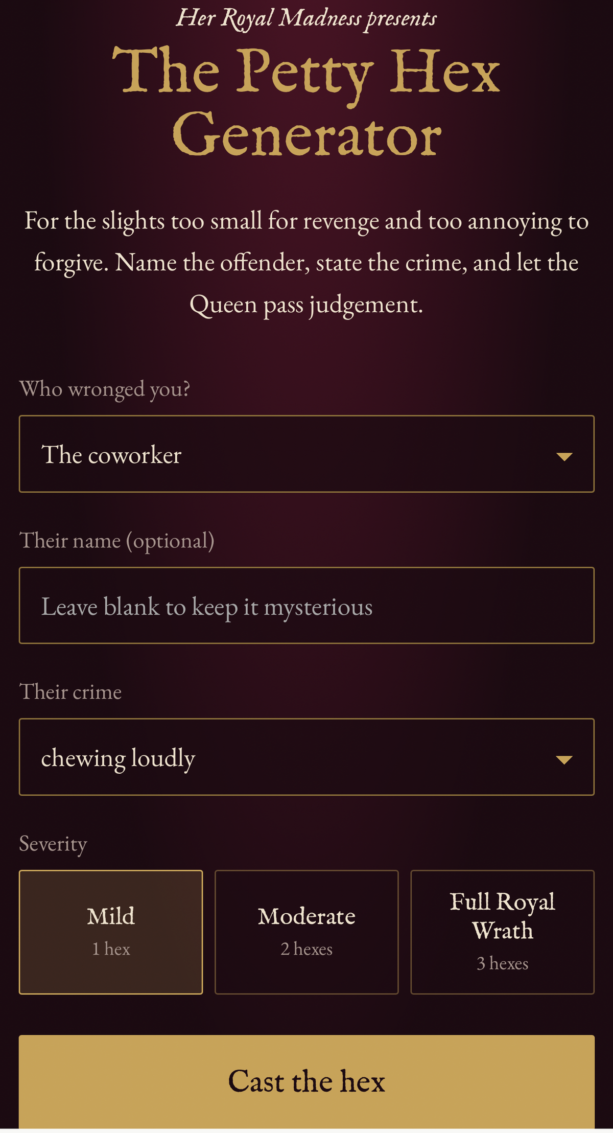 The Petty Hex Generator – Funny Digital Curse Maker | Royal Decree Gag Gift