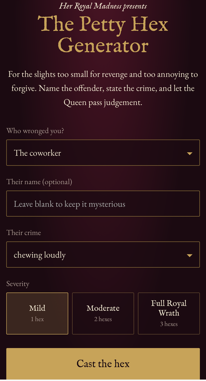 The Petty Hex Generator – Funny Digital Curse Maker | Royal Decree Gag Gift