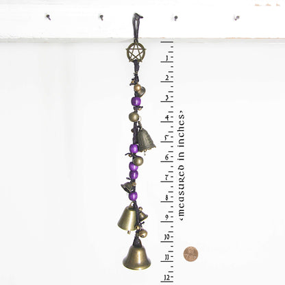 Witch's Bell: Long Braided Twine, Pentacle Charm, Colorful Beads - Handcrafted