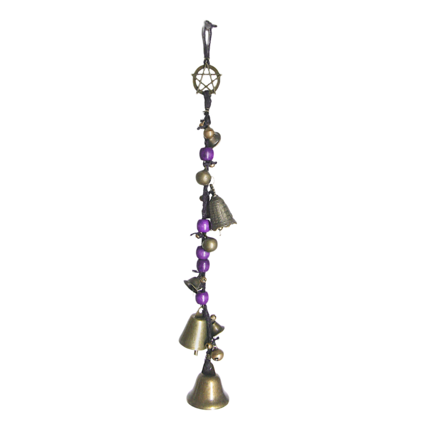 Witch's Bell: Long Braided Twine, Pentacle Charm, Colorful Beads - Handcrafted