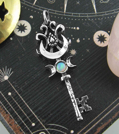 Old-Fashioned Key Pendant With Triple Moon, Crescent & Opal Cabochon, Handmade