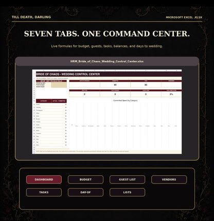 60-Page Gothic Wedding Planner: Printable and Fillable PDFs, Editable PowerPoint, Excel Dashboard