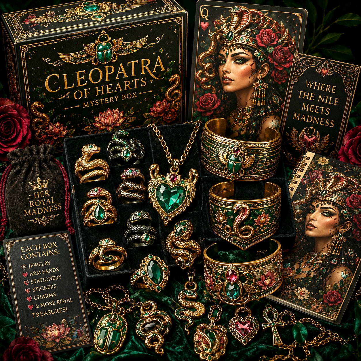 Cleopatra of Hearts Mystery Box | Egyptian Fantasy Gifts, Cobra Jewelry, Royal Stationery & Queenly Treasures