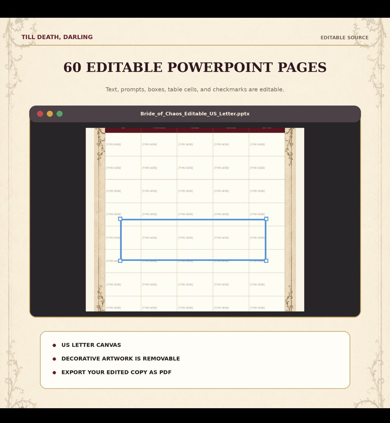 60-Page Gothic Wedding Planner: Printable and Fillable PDFs, Editable PowerPoint, Excel Dashboard