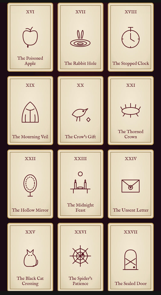 Three gold-framed parchment cards from The Mad Queen's Oracle interactive digital oracle deck by Her Royal Madness