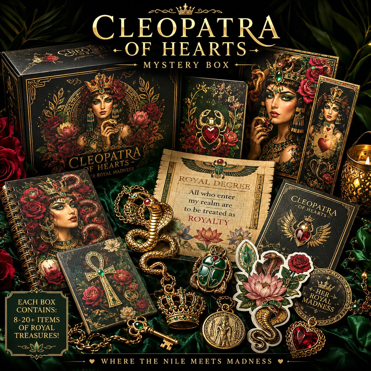 Cleopatra of Hearts Mystery Box | Egyptian Fantasy Gifts, Cobra Jewelry, Royal Stationery & Queenly Treasures