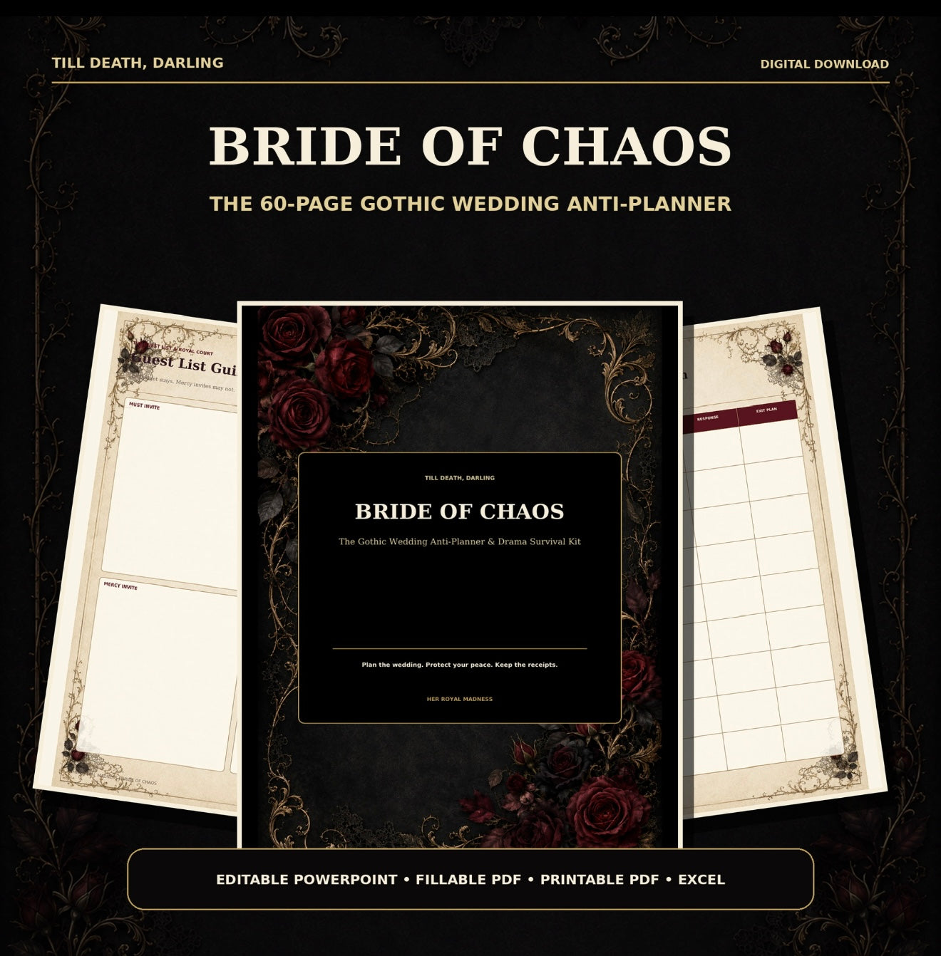 60-Page Gothic Wedding Planner: Printable and Fillable PDFs, Editable PowerPoint, Excel Dashboard