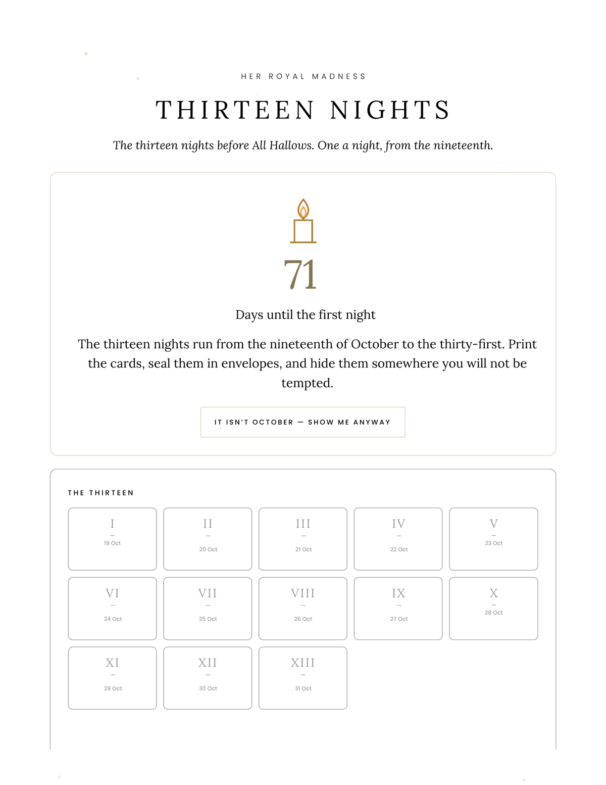 Thirteen Nights — The Companion App / Bundles with the Printable Card deck
