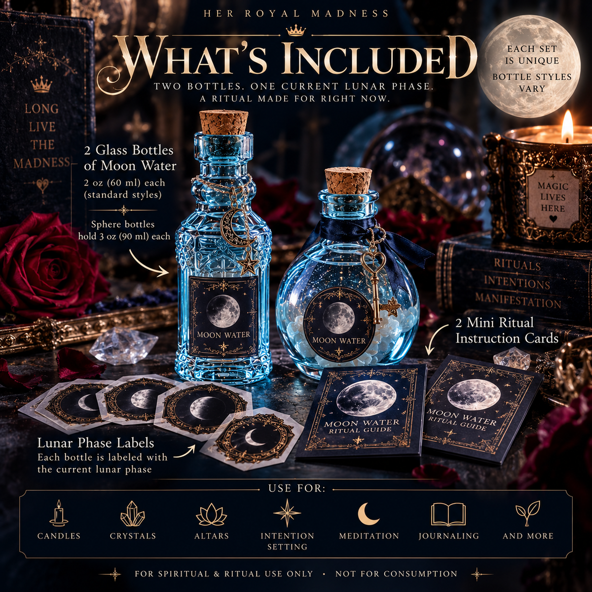 Moon Water Ritual Set – 2 Bottles & Ritual Cards | Her Royal Madness